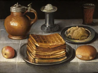 Still Life with Pewter Plates, Stone Jug, and Waffles